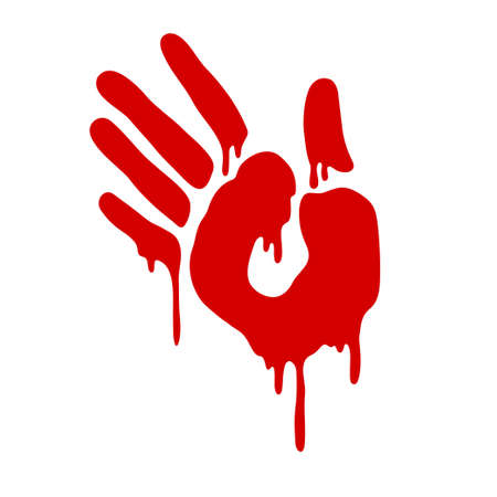 Halloween bleeding hand. Red paint ink splatter. Murder scene. Vector illustration isolated on white backgroundのイラスト素材