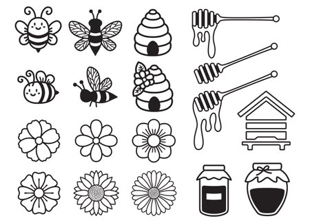 bee bundle. Bumble bee set. Beehive, Honey jar, Queen bee. Honey dipper. Cute cartoon bugs. Vector illustration isolated on white backgroundのイラスト素材
