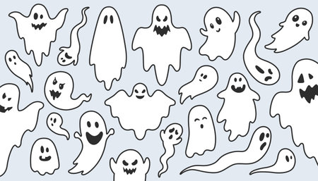 Retro Collection of Halloween ghosts. Spooky and funny white ghosts with different expressions. vector illustrationのイラスト素材