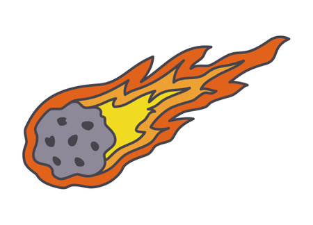 Doodle asteroid. cartoon comet with tail. Hand drawn celestial icon. Vector meteor isolated on white backgroundのイラスト素材