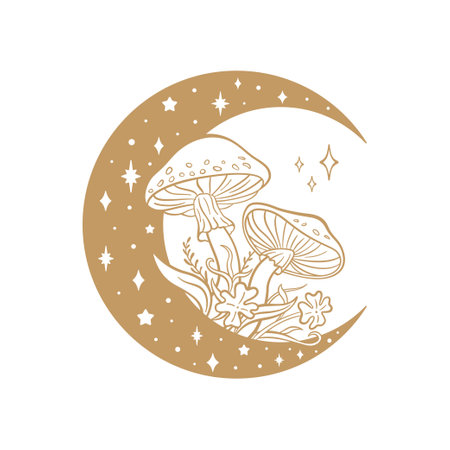Bohemian crescent moon with mushrooms. Mystical moon with stars. Esoteric sticker, tarot card. Vector illustration isolated on white backgroundのイラスト素材