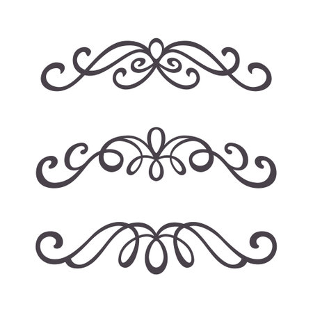 Hand drawn text dividers and swirls for wedding and invitation decor. Vector set of flourish elements isolated on white backgroundのイラスト素材