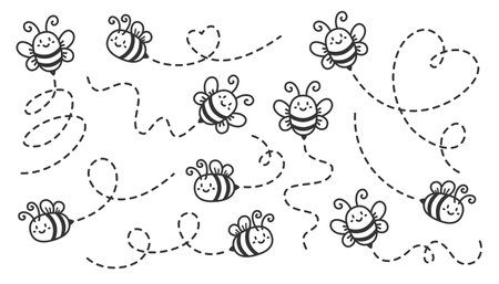 bee path bundle. Cartoon bee flying route. The flight path. Honey bee collection. Vector illustration isolated on white backgroundのイラスト素材