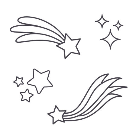 Doodle stars. cartoon celestial objects. Hand drawn outline universe icons. Vector comets isolated on white backgroundのイラスト素材