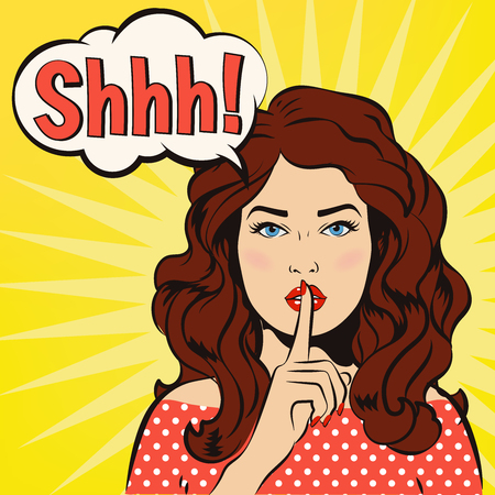 Woman says Shh! Retro, vintage. Woman says Shh! Retro, vintage. The girl asks for silence. It's a secret!のイラスト素材
