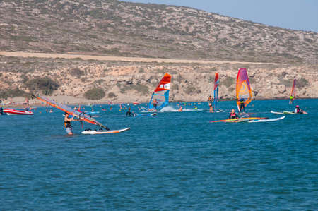 Rhodes, Greece - August 08, 2018: Windsurfing, sailing on the island of Rhodes, Greeceの写真素材
