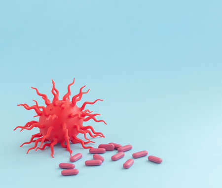 Covid-19 blue abstract background. Dangerous Coronavirus distribution model and hand. Pandemic...