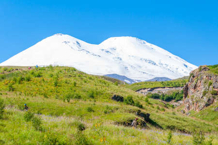 Landscape with a View of Mount Elbrus, Kabardino-Balkar Republic. horizontal orientation. Summer on elbrusの写真素材