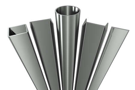 Metal pipe, girders, angles, channels and square tube on a white background