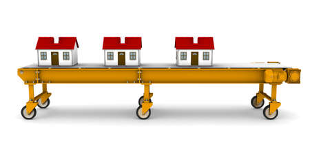 Three houses are moving on conveyor beltの写真素材
