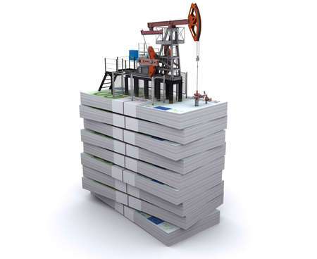 Oil pump-jack stands on a packs of euroの写真素材