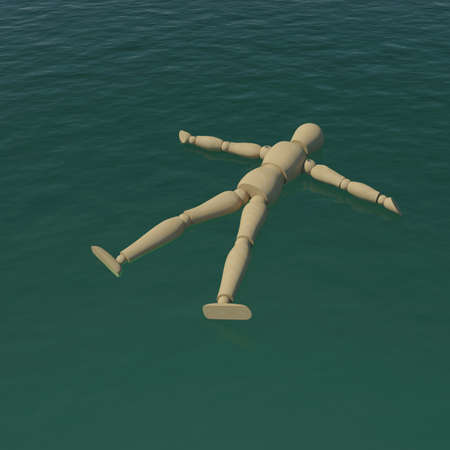 The wooden man floating in the sea water  3D rendering