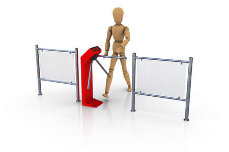 The wooden man before the closed red tourniquet  3D renderingの写真素材