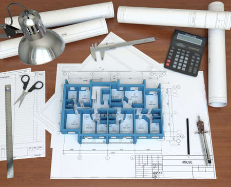 3D model floor of the house on the desktop architect  3D renderingのeditorial素材