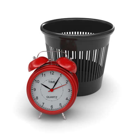 Red alarm clock next to the trash can  3d rendering