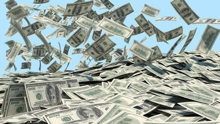 Money falling from the sky in a heap  blue backgroundの写真素材