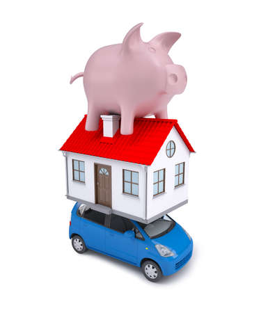 The composition of the car, the house and a pink piggy bank  Isolated render on a white backgroundの写真素材