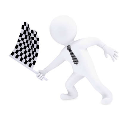 3d human waving the flag at the start of sports. Isolated on white backgroundの写真素材