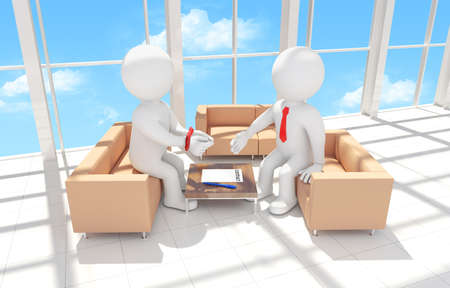 3d human with his hands tied signing a contract. Render - Interior of office buildingの写真素材