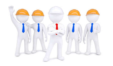 Five 3d little men in hard hats  Isolated on white backgroundの写真素材