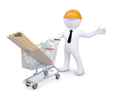 White human in a hard hat standing near the cart woodwork  Isolated render on a white backgroundの写真素材