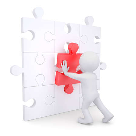 3d white man inserts red puzzle  Isolated render on a white backgroundの写真素材