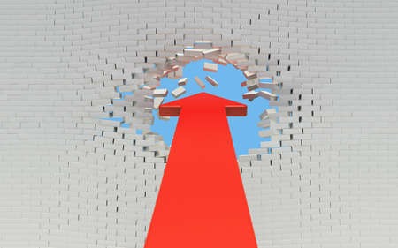 Red Arrow breaks a brick wall. Sky in the backgroundの写真素材