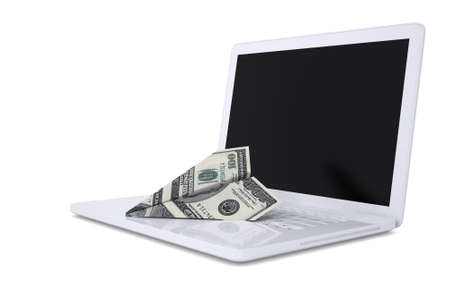 White laptop and the plane of dollars  Isolated render on a white backgroundの写真素材