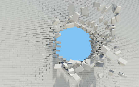 Hole in a brick wall  Sky in the backgroundの写真素材