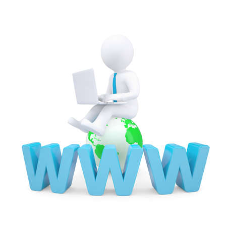 3d white man with a laptop. Isolated render on a white backgroundの写真素材