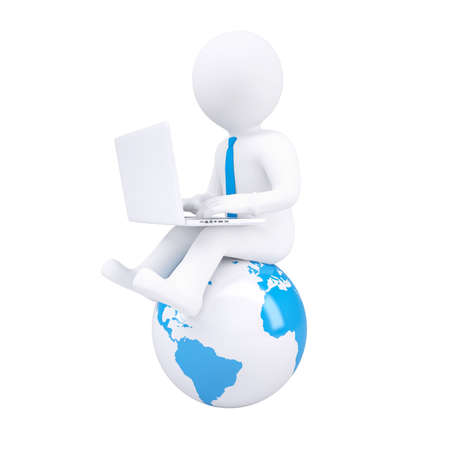 3d white man with a laptop. Isolated render on a white backgroundの写真素材