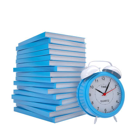 Blue books and alarm clock  Isolated render on a white background