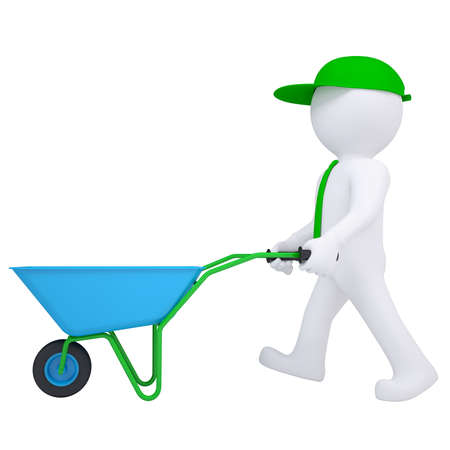 3d white man with a wheelbarrow  Isolated render on a white backgroundの写真素材