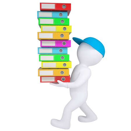 3d white man carries stack of office folders  Isolated render on a white background