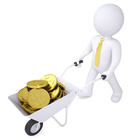 3d white man carries a wheelbarrow of gold coins  Isolated render on a white backgroundの写真素材