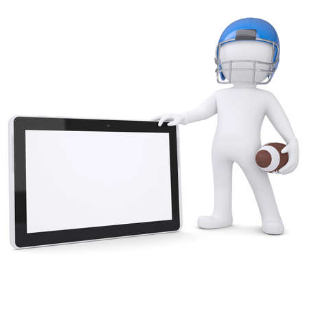 3d man in a football helmet holds tablet  Isolated render on a white background