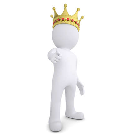 3d white man with the crown pointing the finger at the viewer  Isolated render on a white backgroundの写真素材