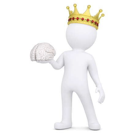 3d white man with a crown keeps the brain  Isolated render on a white backgroundの写真素材