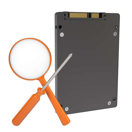 Solid-state drive, magnifying glass and screwdriver  Isolated render on a white background