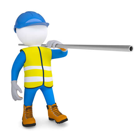 Worker in overalls carries a pipe  Isolated render on a white backgroundの写真素材
