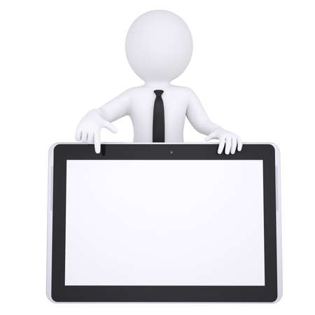 3d white man points a finger at a tablet PC  Isolated render on a white backgroundの写真素材