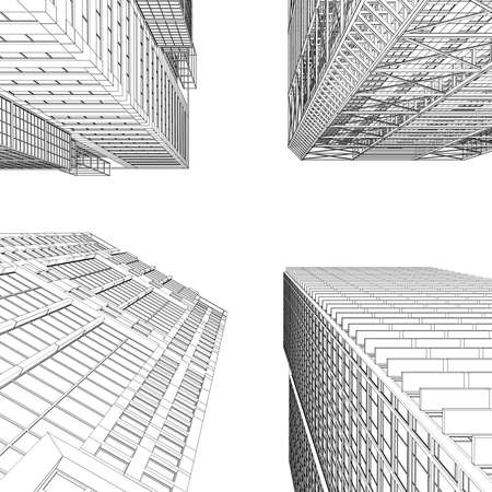 Skyscraper rendering in lines  Isolated render on a white backgroundの写真素材