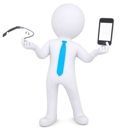 3d man holding a Glass and smartphone  Isolated render on a white backgroundの写真素材