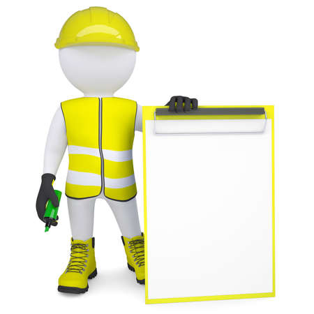 3d white man in overalls with a checklist and a marker  Isolated render on a white backgroundの写真素材