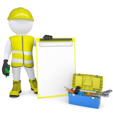 3d white man in overalls with checklists and tools  Isolated render on a white backgroundの写真素材