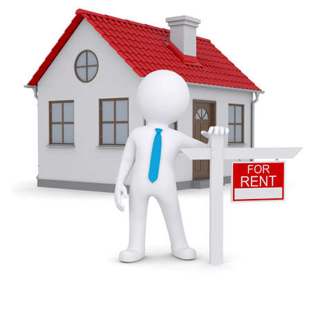White 3d human and small house with sign a lease  Isolated render on a white backgroundの写真素材