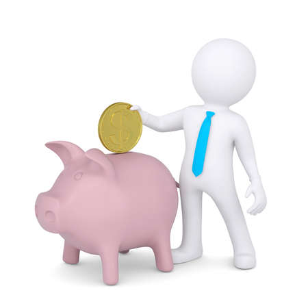 3d white man drops a coin into the piggy bank  Render isolated on white backgroundの写真素材