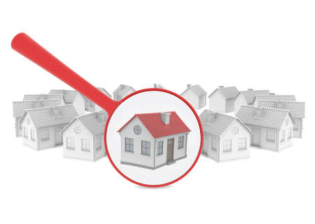 Choosing home  Several houses and a magnifying glass  Isolated render on a white backgroundの写真素材