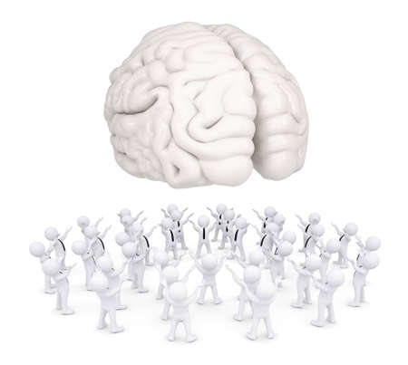 Group of white people worshiping brain  3d render isolated on white background
