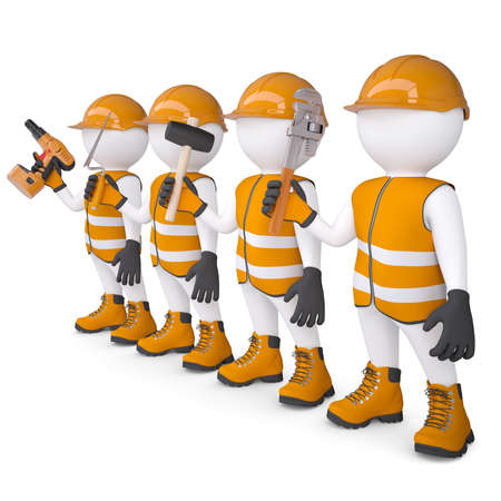 Four 3d white mans in overalls with a tools  Isolated render on a white backgroundの写真素材